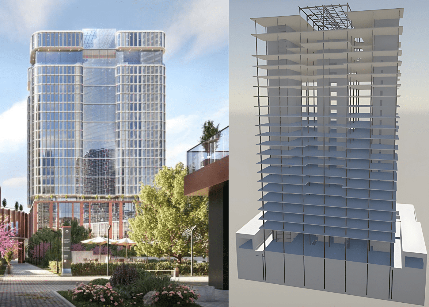 Architectural rendering of a high-rise landmark building with adjacent structural model, showcasing multi-level concrete framework suitable for void former integration in premium commercial or residential developments.