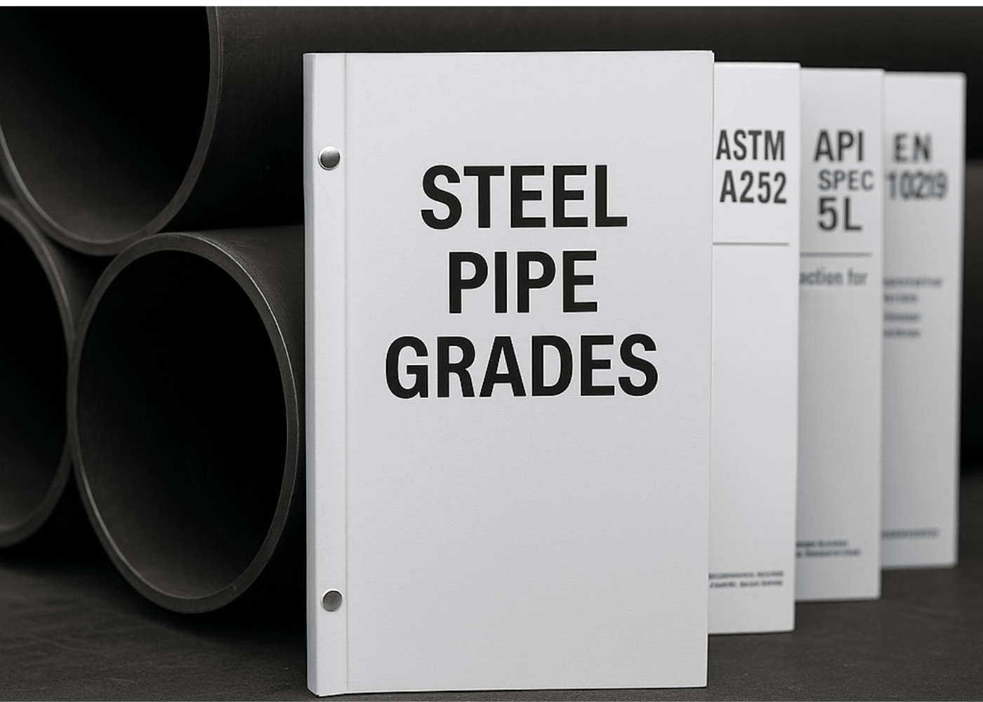 Close-up of engineering binders labelled with steel pipe grades and steel pipe standards such as ASTM A252 and API 5L, placed in front of stacked steel pipes.