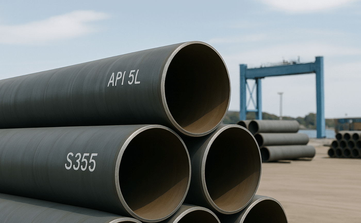 Large steel piling pipes marked with steel pipe grades API 5L and S355, stored at a port storage area with lifting cranes in the background.