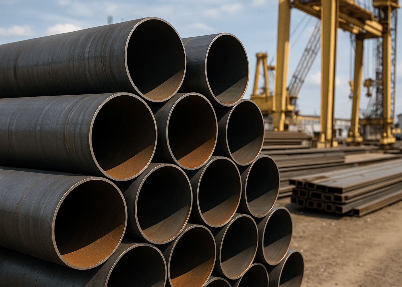 Large steel pipe piles arranged in a triangular stack at a port storage yard with gantry cranes in the background.
