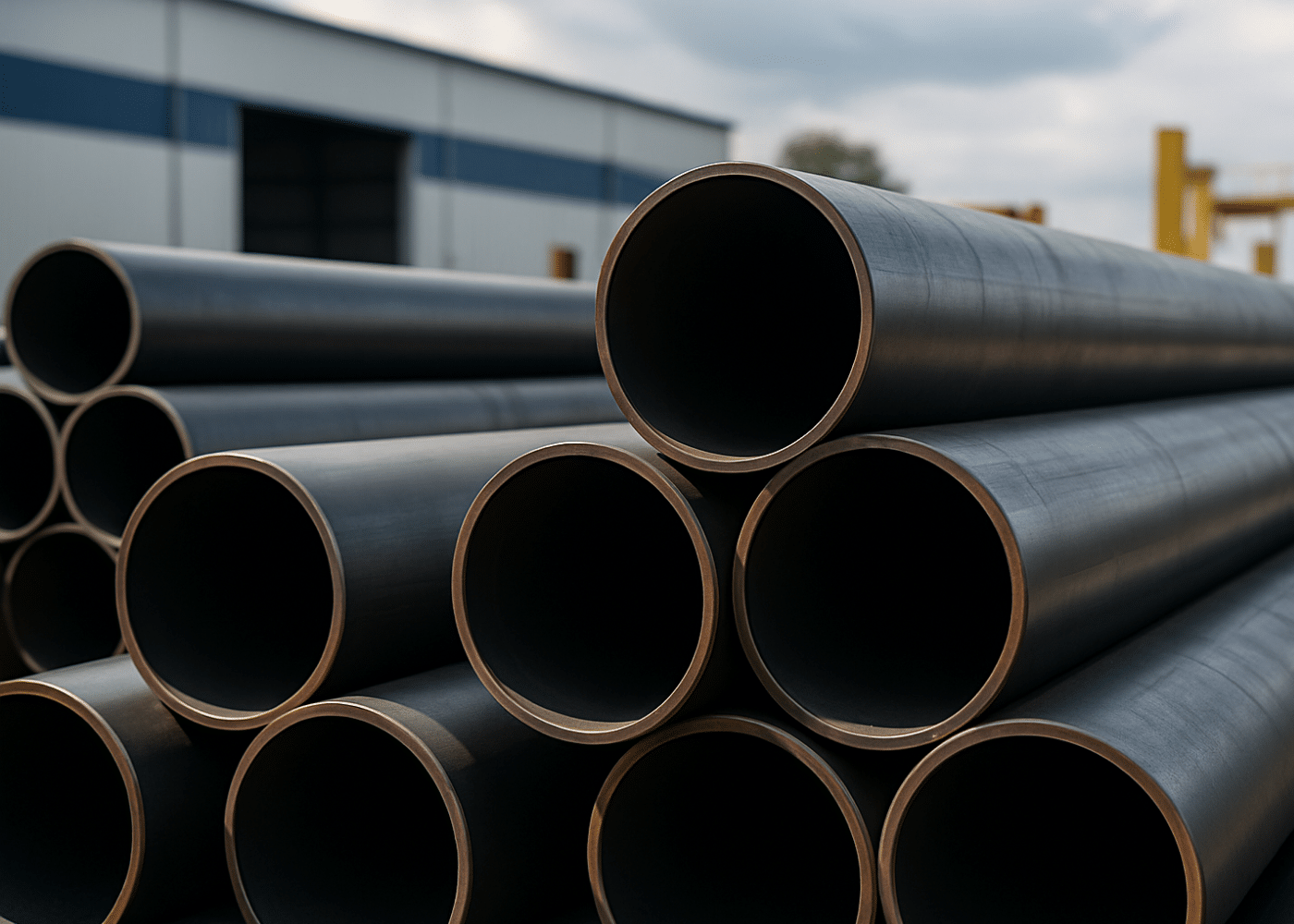 Bundle of clean, large-diameter plain carbon steel pipes stacked outside a warehouse in an industrial manufacturing facility.