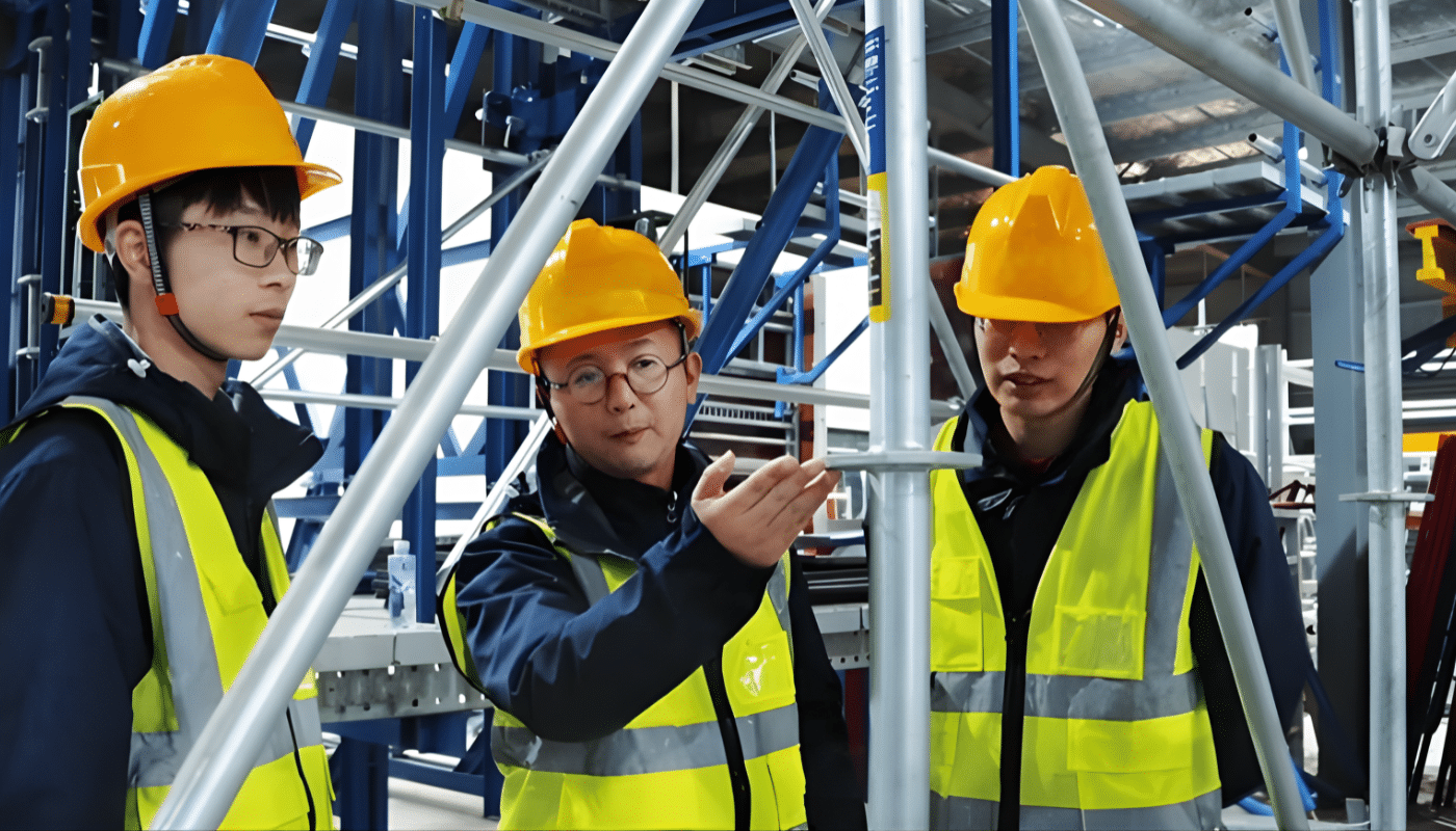 Kolme rakennusalan ammattilaista, joilla on suojakypärät ja näkyvyysliivit, tarkastavat teräksisen rakennustelineen runkoa teollisuuslaitoksen sisällä.