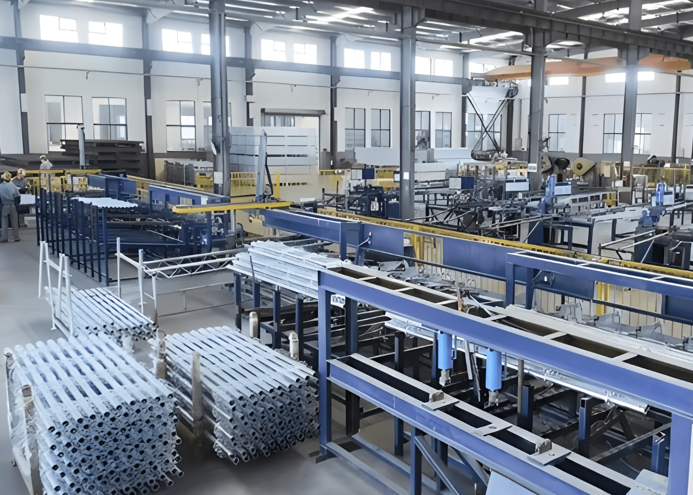 Teollisuustehdas, jossa on automatisoidut tuotantolinjat, jotka valmistavat sinkittyjä teräsputkia.