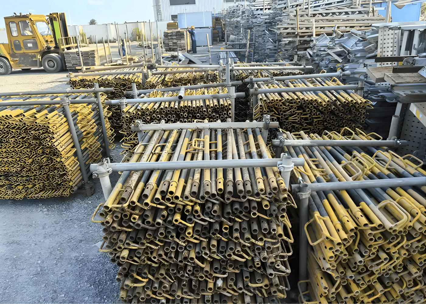 Teräsputkien putkipinot, kehykset ja liittimet varastoidaan järjestettyinä nipuina ulkopihalla.