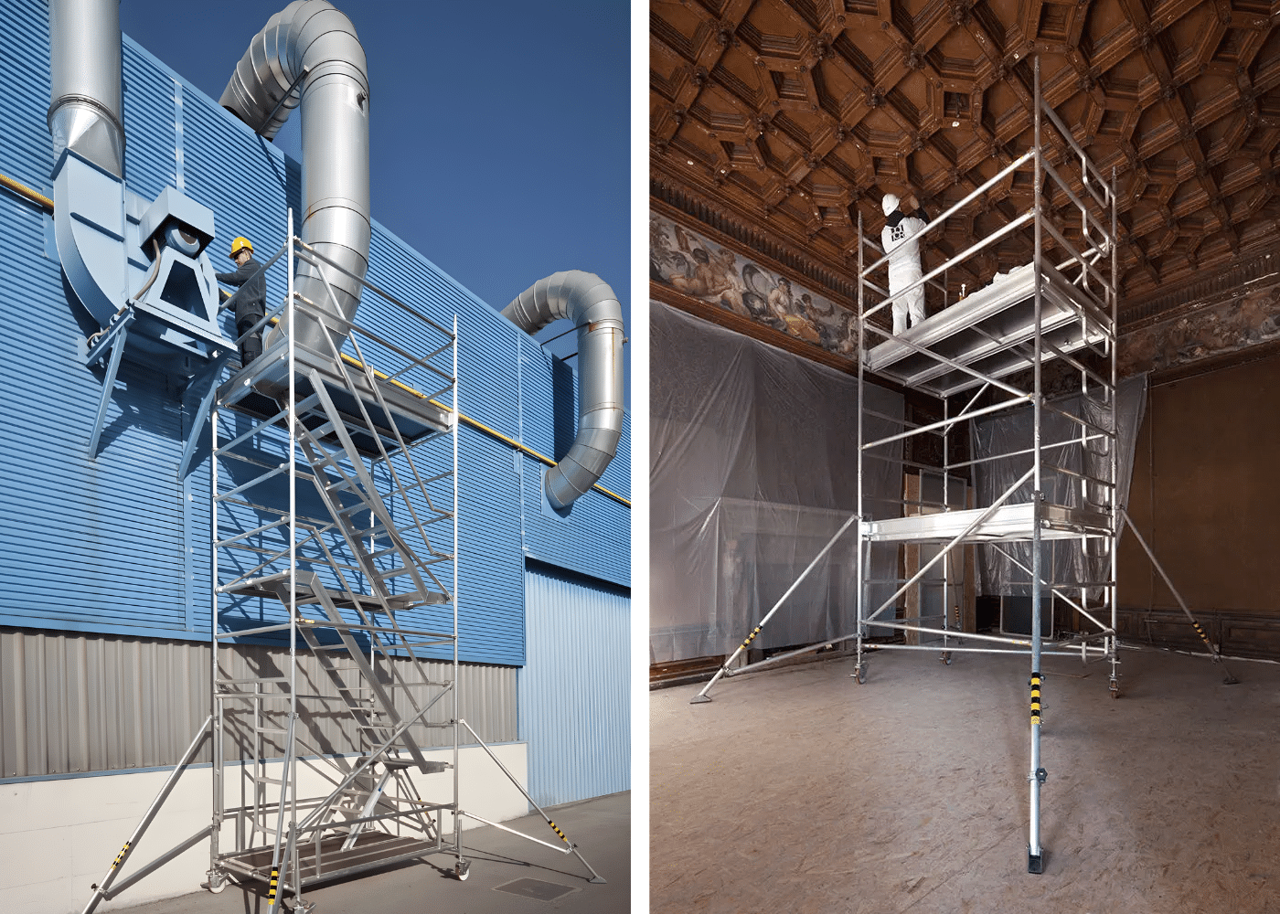 Scaffolding tower An industrial scaffolding tower installed outdoors next to a building with ventilation ducts, alongside an indoor mobile scaffold tower used for restoration work under a decorative ceiling, both designed for safe and reliable access at height.
