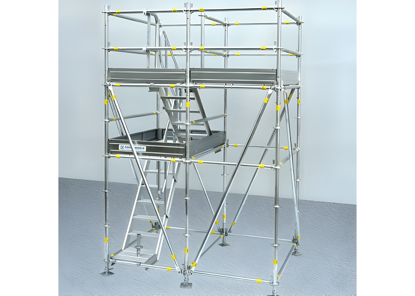 3D model of a complete scaffolding tower package showing platforms, guardrails, ladder access, and base supports, illustrating a compact and easy-to-assemble access solution.