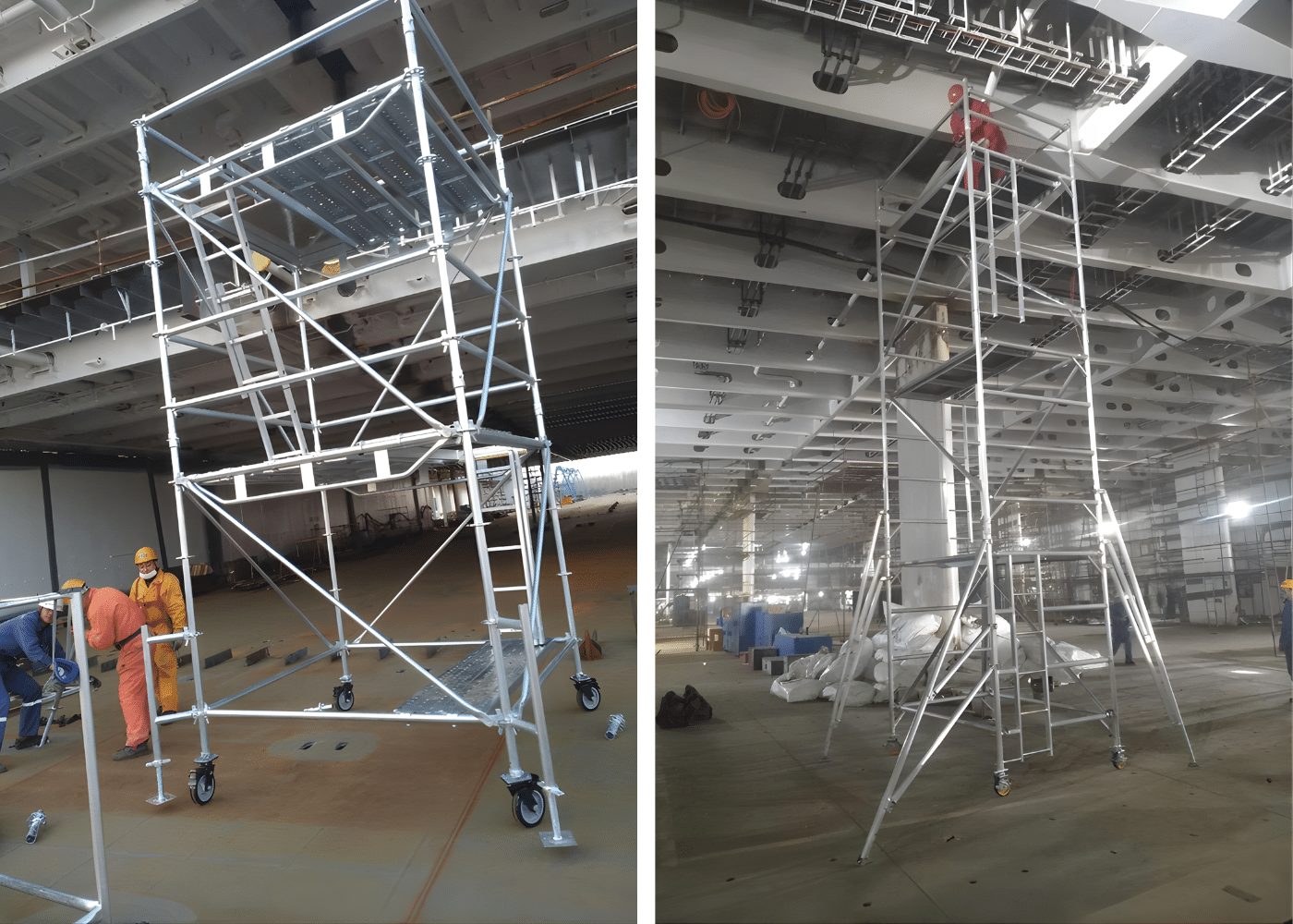 Mobile aluminium scaffold towers with wheels are used in industrial facilities by workers for maintenance and installation, offering a practical, easy-to-move solution for changing work locations.