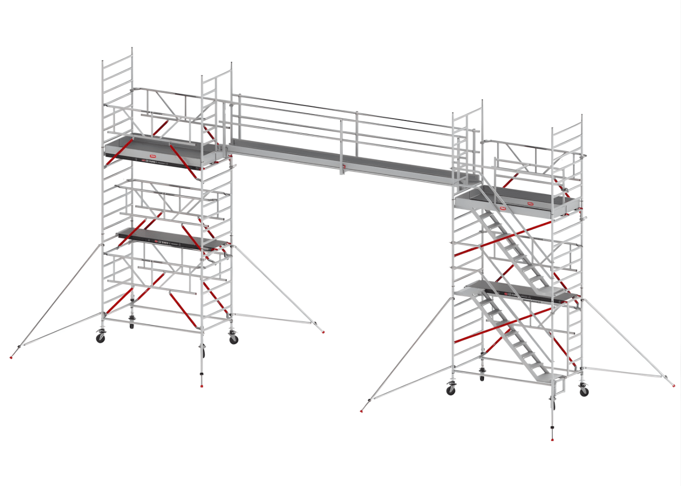 Connected scaffolding tower system with bridge platform between two towers, including outriggers and guardrails, representing a flexible access product designed to meet complex job site requirements.